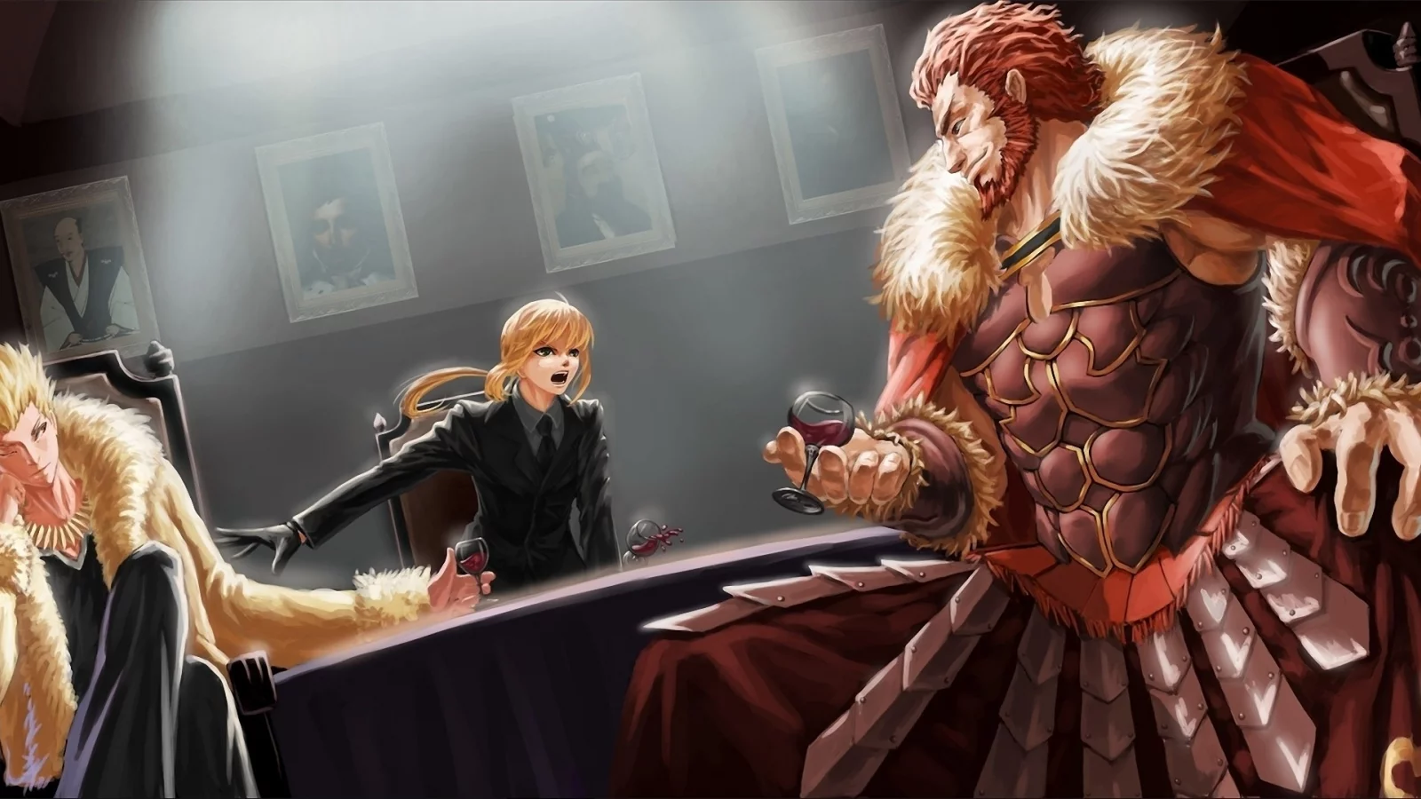 парни, fatezero, комната, saber, бокал, эмоции, стол, вино, девушка