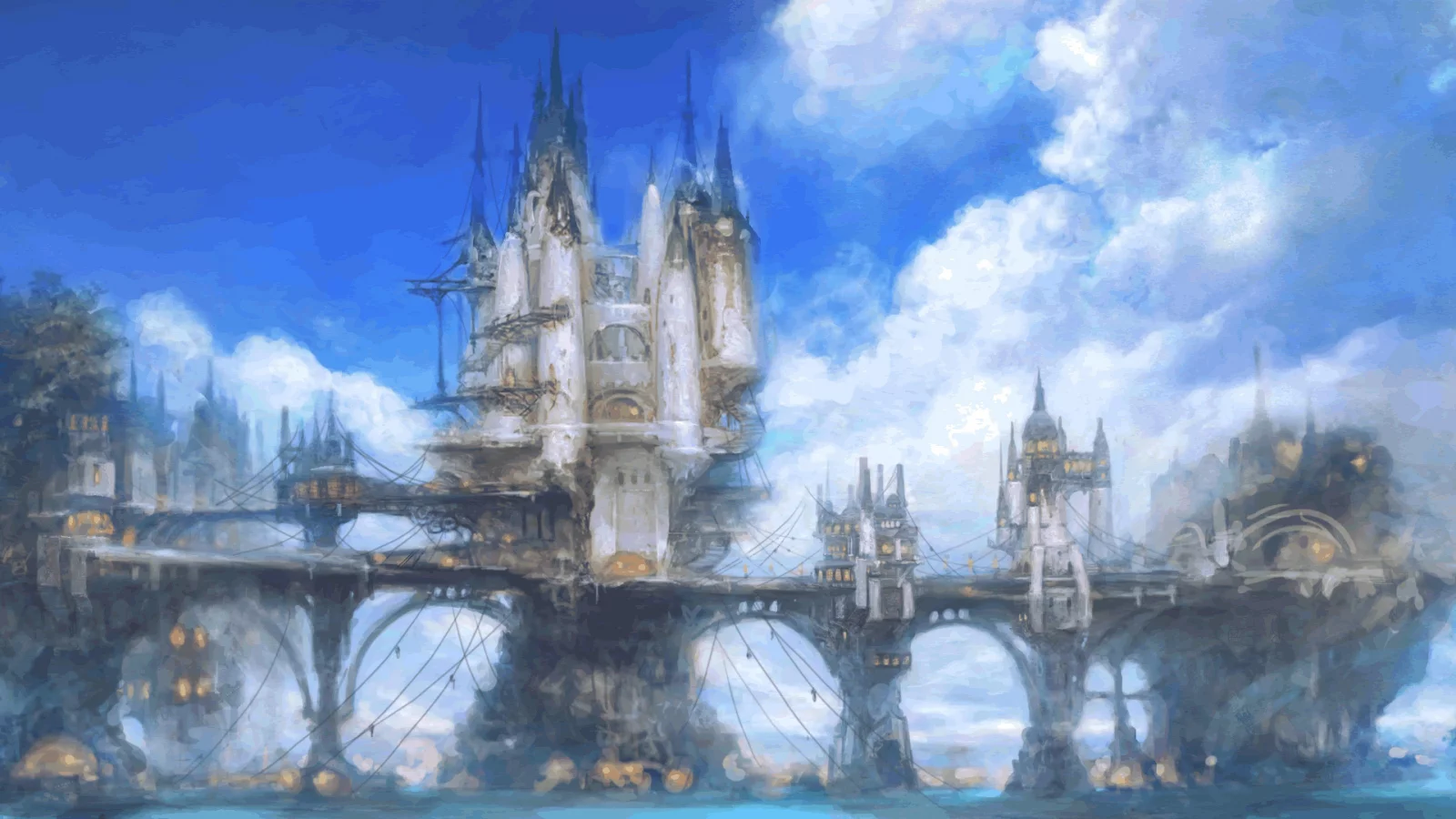 океан, облака, мосты, арт, limsa lominsa, замки, небо