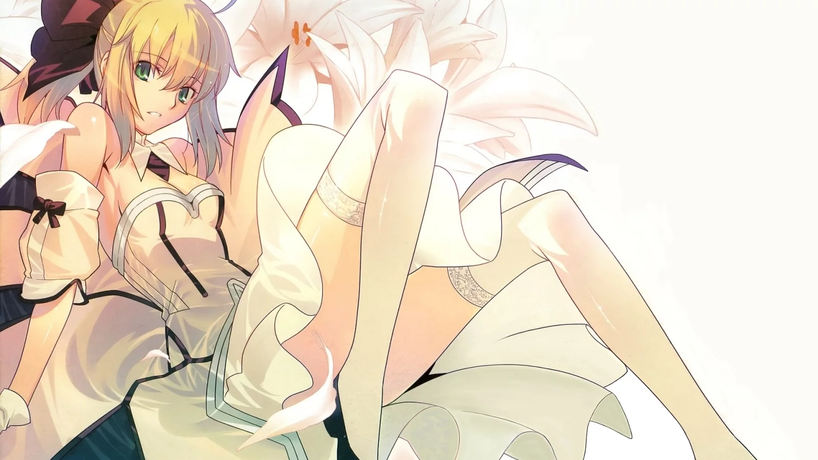 платье, лилии, fatestay night, девушка, saber, взгляд