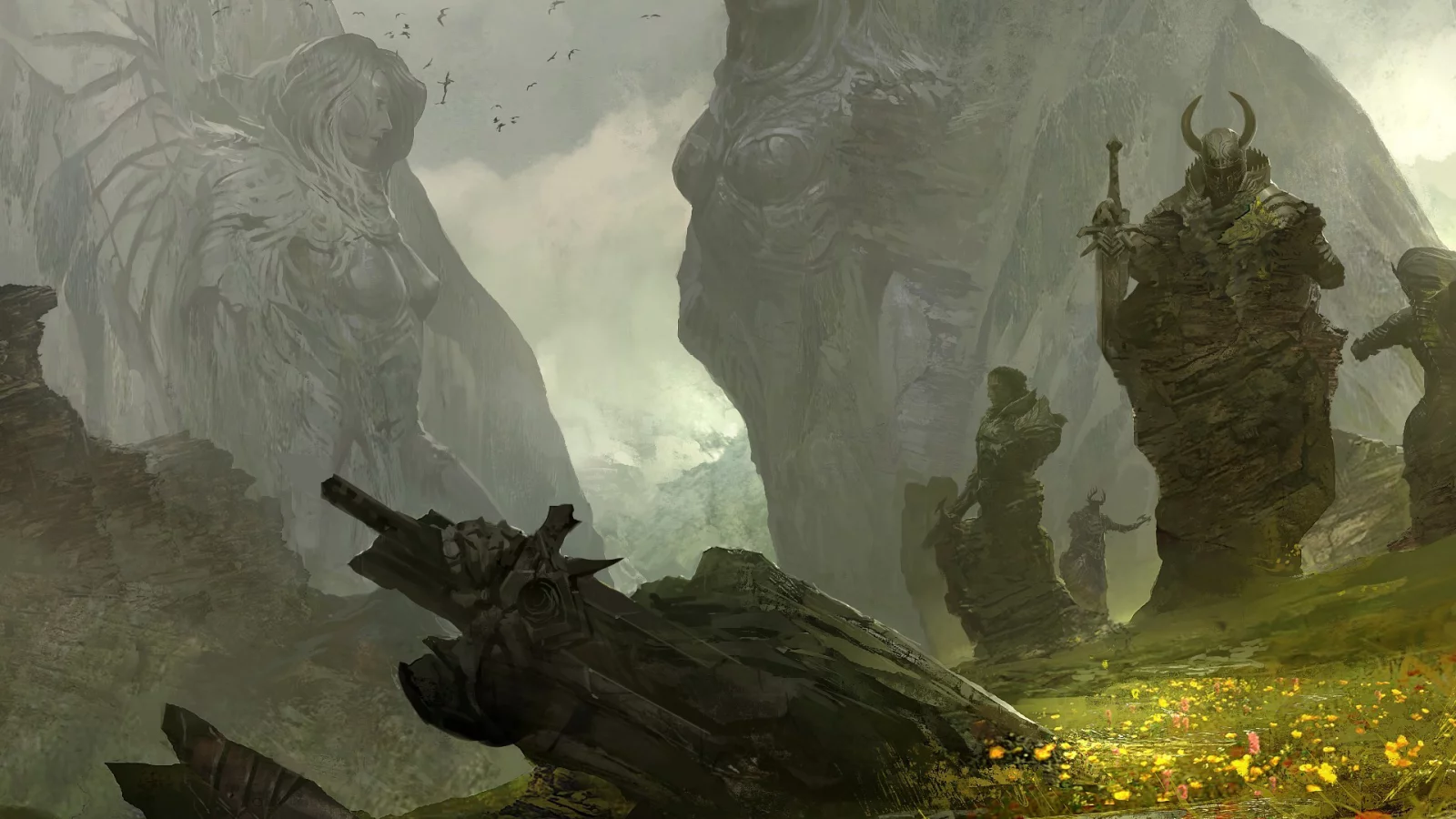 трава, воины, guild wars 2, статуи, горы