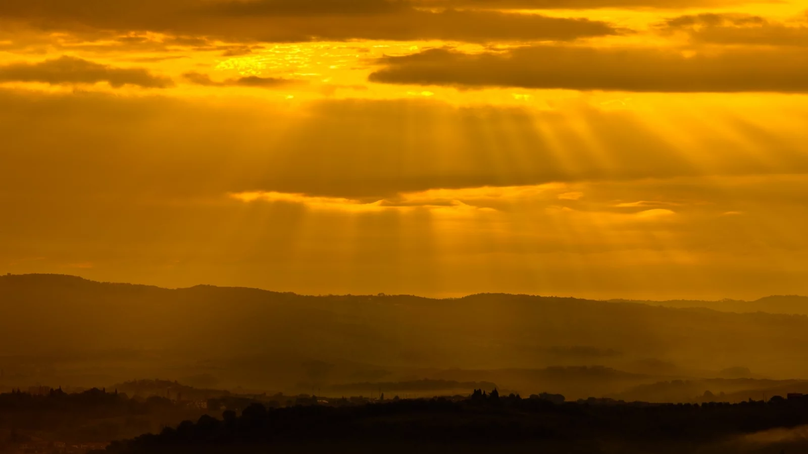 лучи, холмы, закат, свет, tuscan glow, солнце