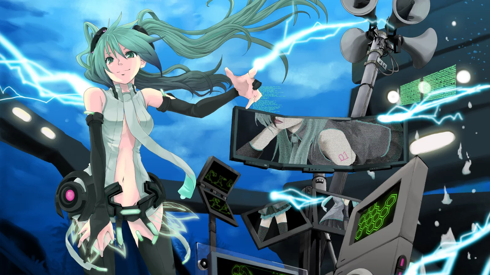 девушка, vocaloid, оборудование, мегафон, молния, hatsune miku, разряд