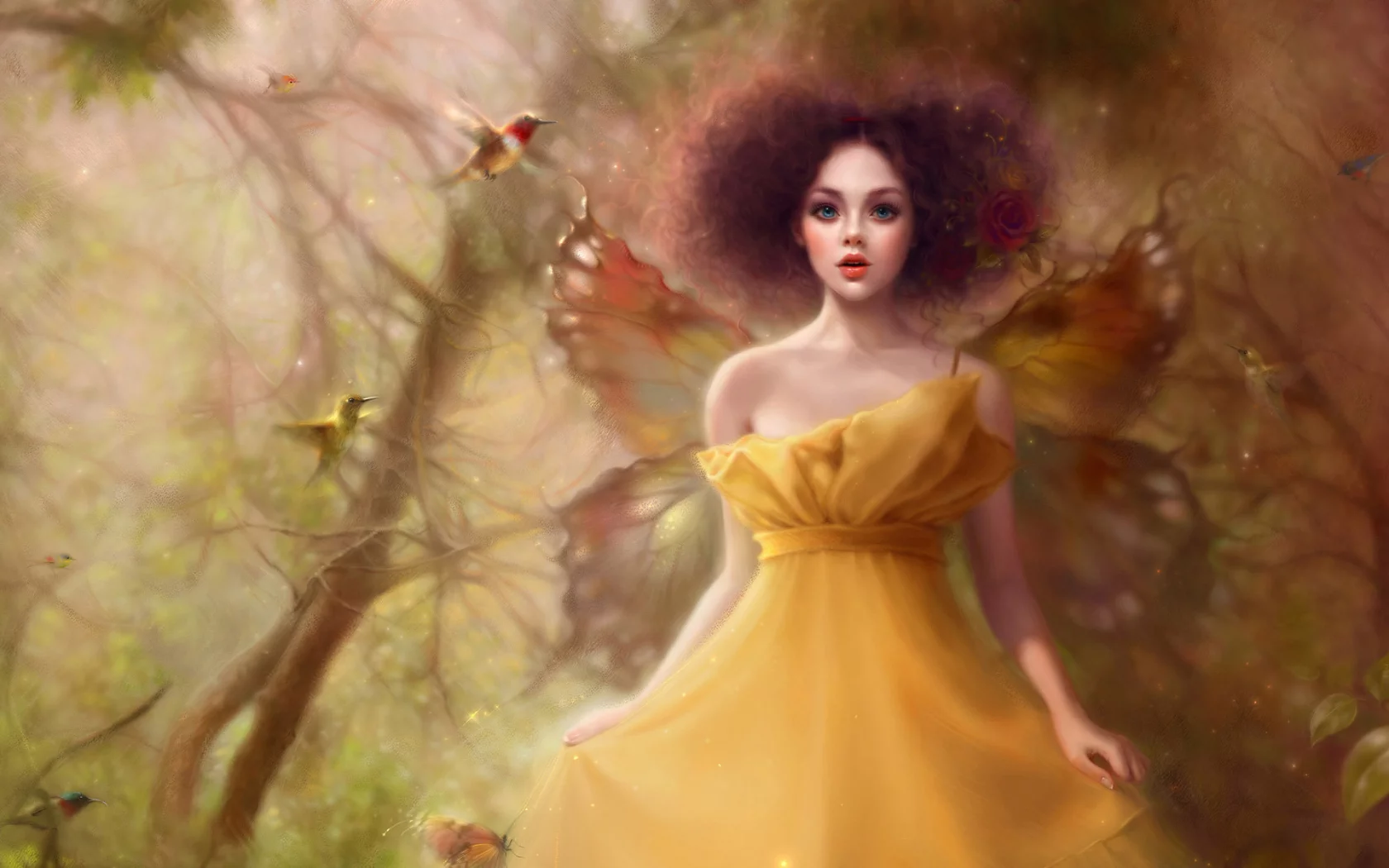 девушка, птицы, крылья, magic forest, fantasy