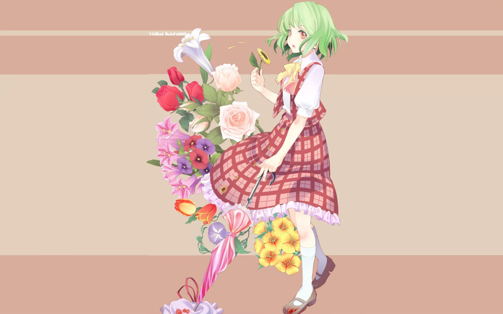 девочка, цветы, аниме, kazami yuuka