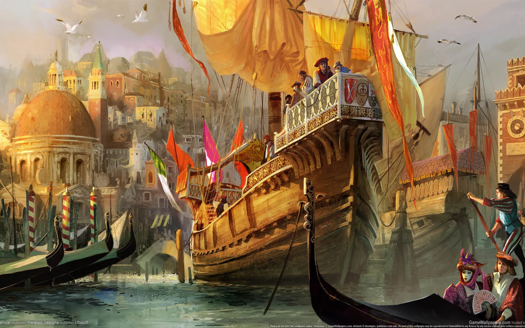флаги, город, венеция, порт, гондолы, арт, купцы, anno 1404 venice, чайки, гавань
