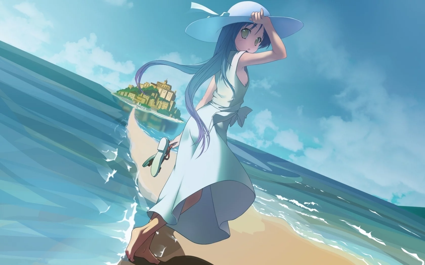 anime, пляж, город, шляпа, рисунок, горизонт, art, девочка, море, сандали, аниме