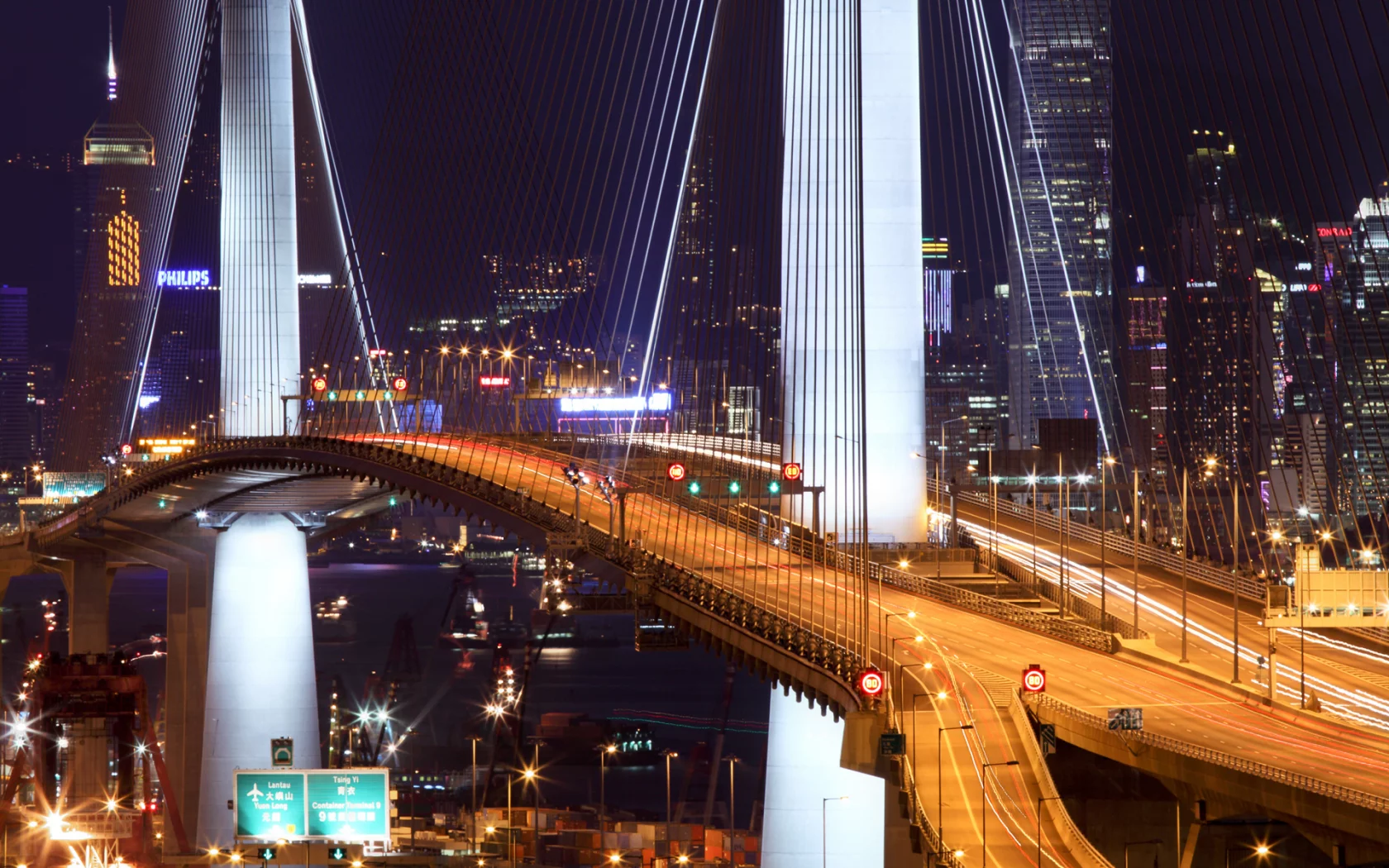 огни, hong kong, гонконг, stonecutter bridge, мост, ночь