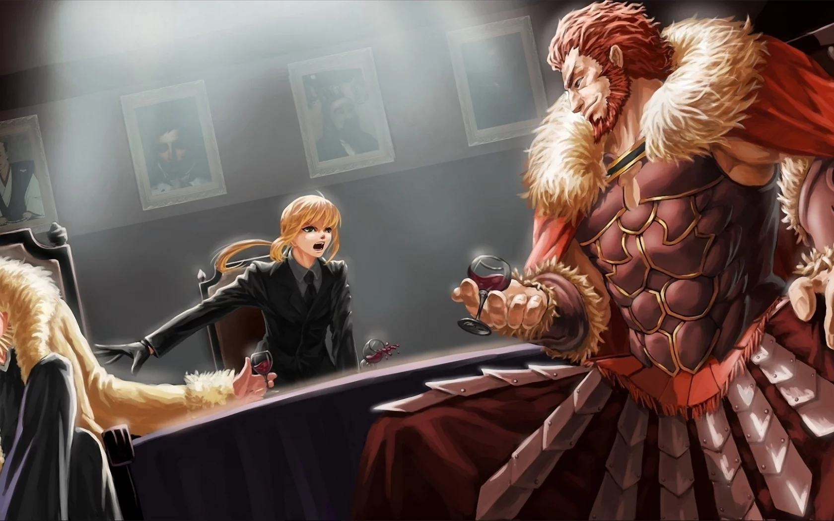 парни, fatezero, комната, saber, бокал, эмоции, стол, вино, девушка