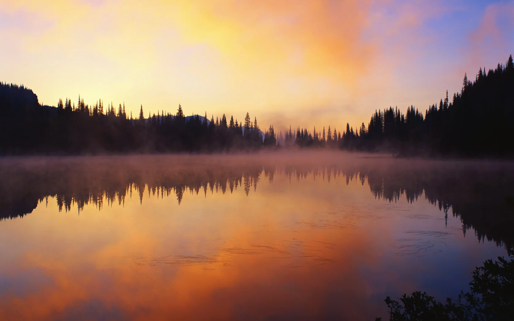 лес, природа, закат, озеро, пейзаж