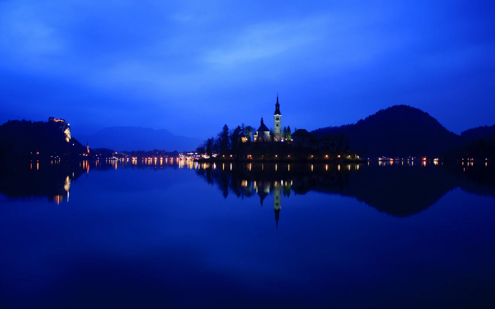ночь, lake bled, озеро, reflection, slovenia, словения, огни