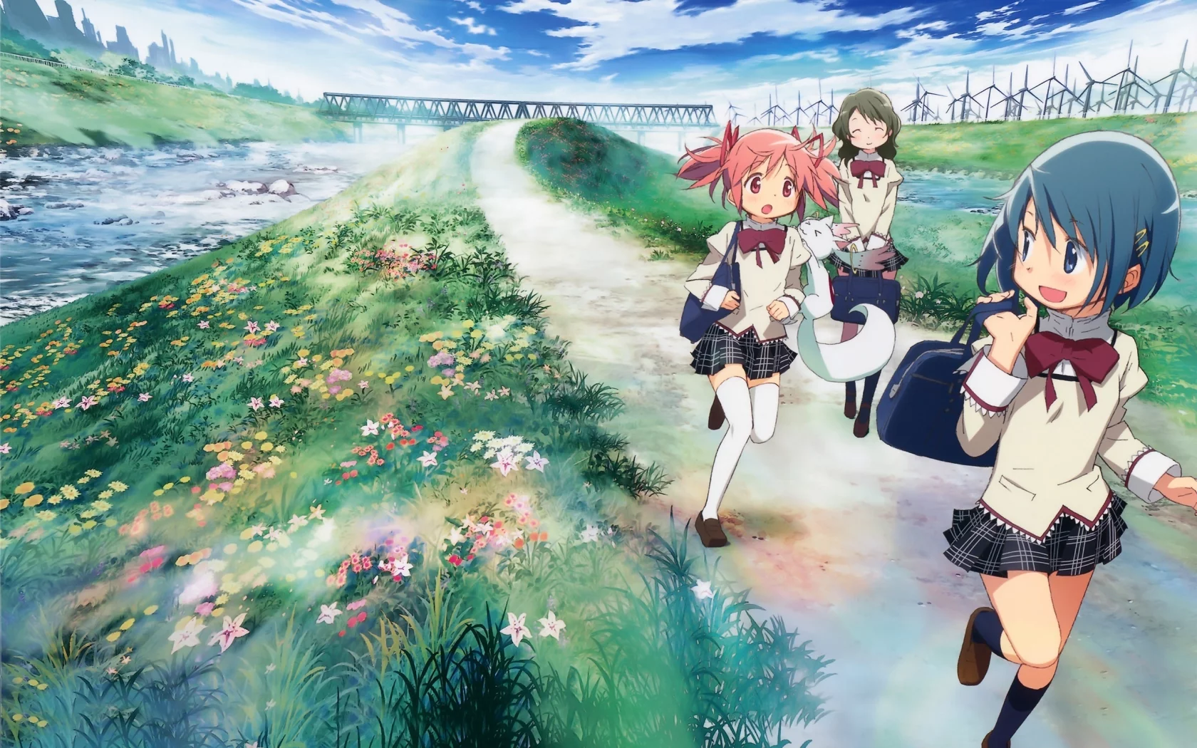 maho shojo madoka magica, мост, река, дорока, трава, девочки, аниме, цветы, форма