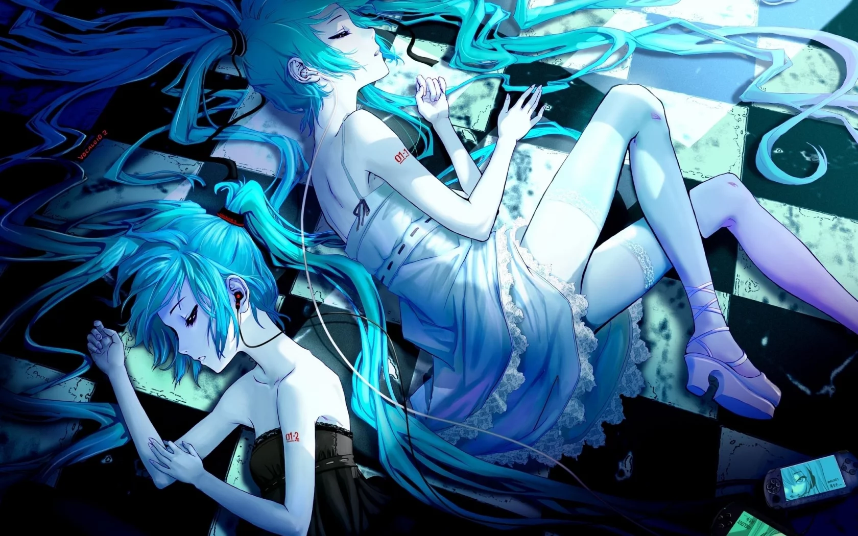 hatsune miku, наушники, вокалоид, волосы, чулки