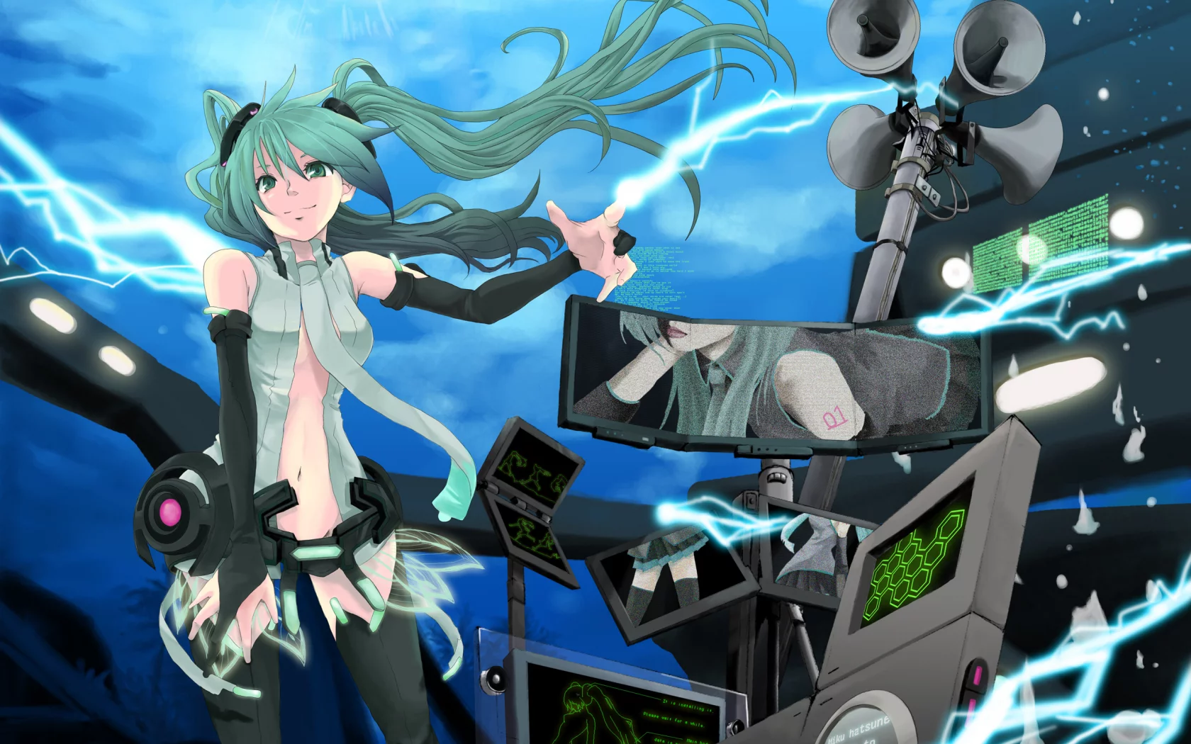 девушка, vocaloid, оборудование, мегафон, молния, hatsune miku, разряд