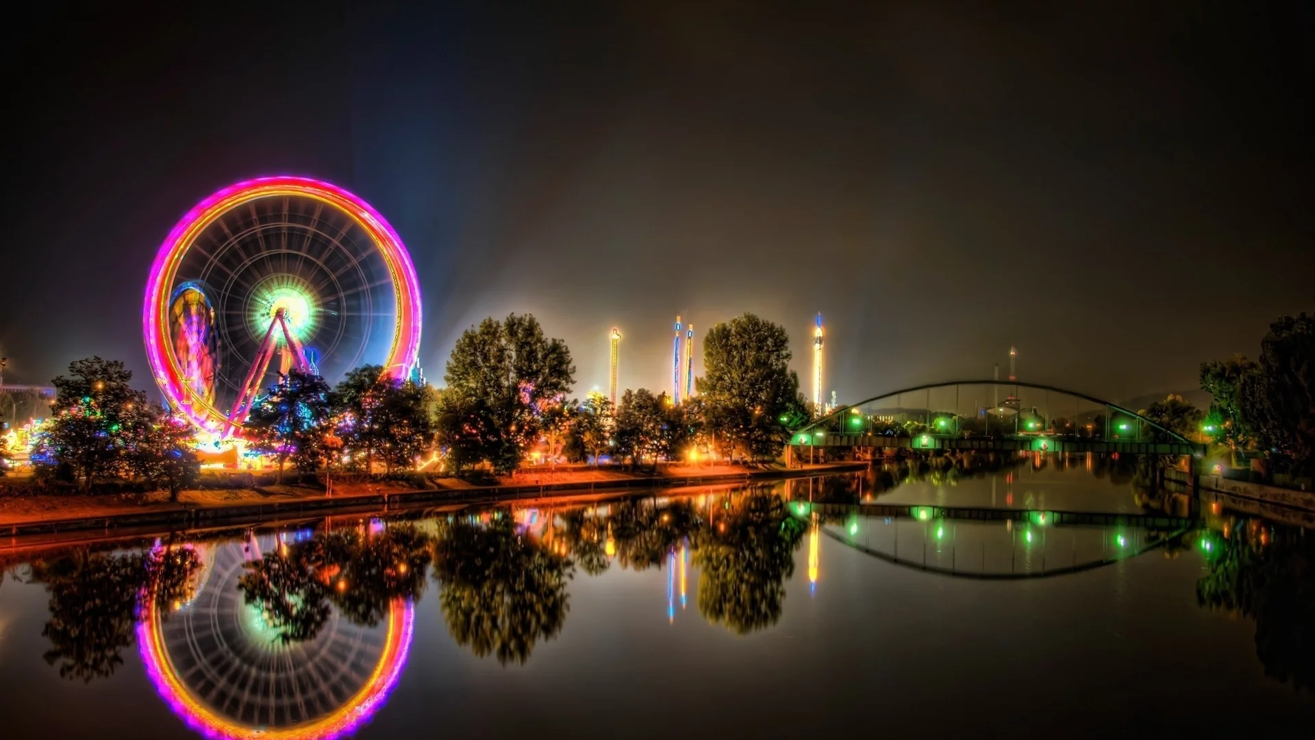 город, колесо обозрения, огни, ночь