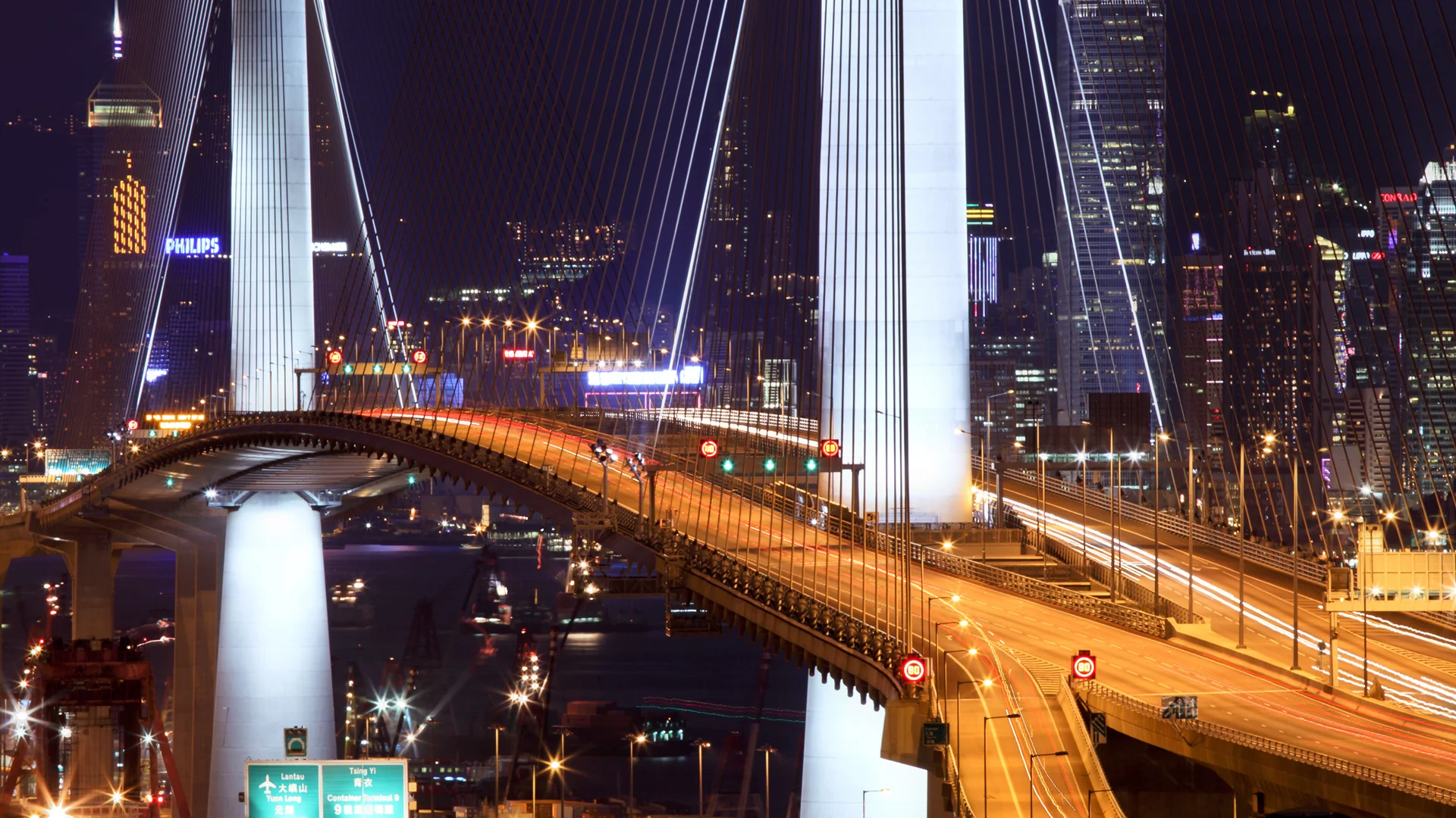 огни, hong kong, гонконг, stonecutter bridge, мост, ночь
