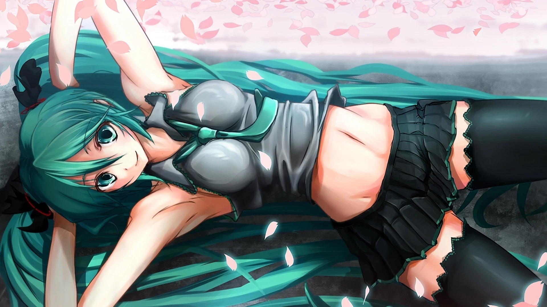 hatsune miku, лежит, девушка, вокалоид, зеленые волосы, юбка, чулки