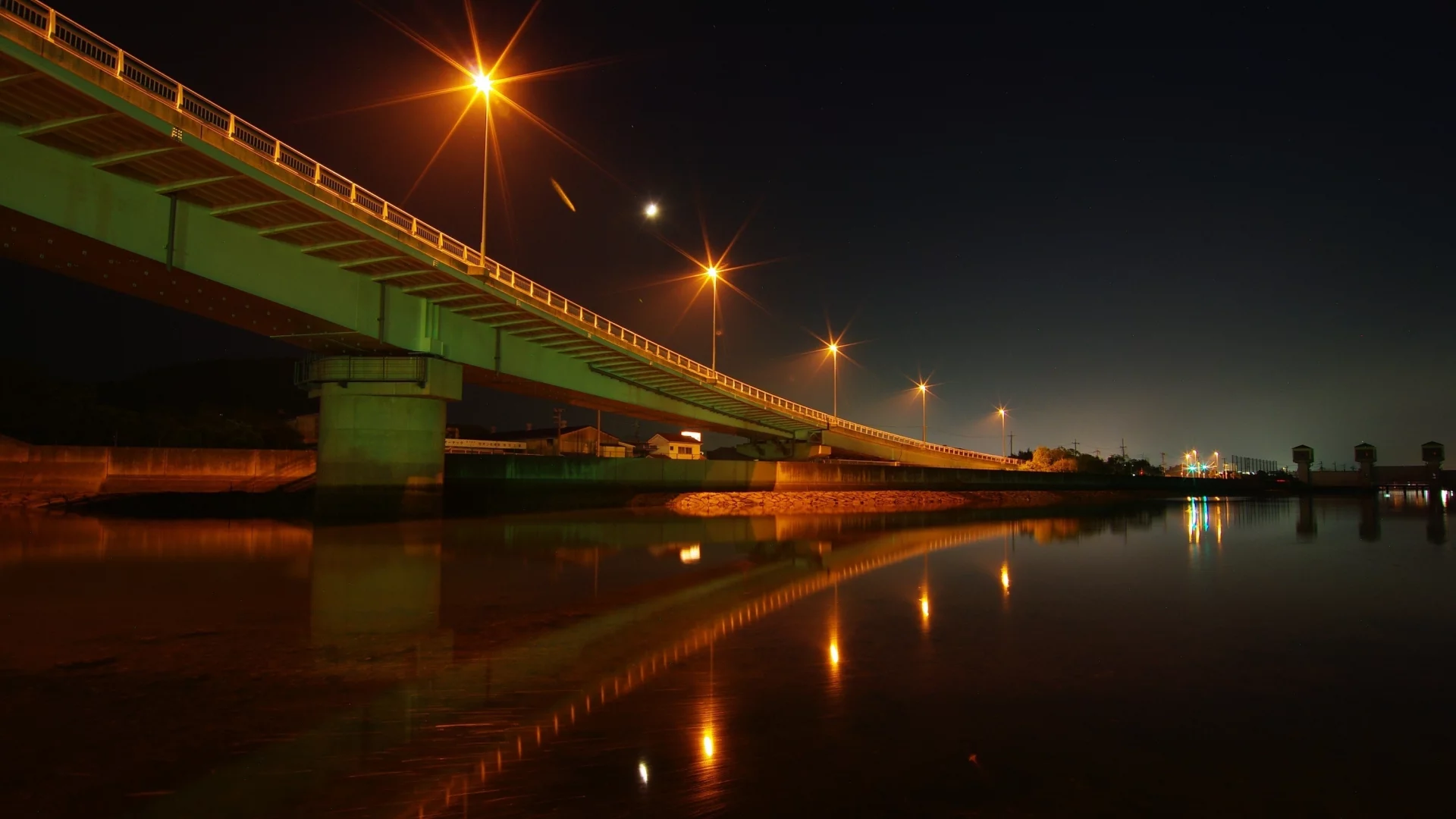 река, вода, ночь, мост, огни
