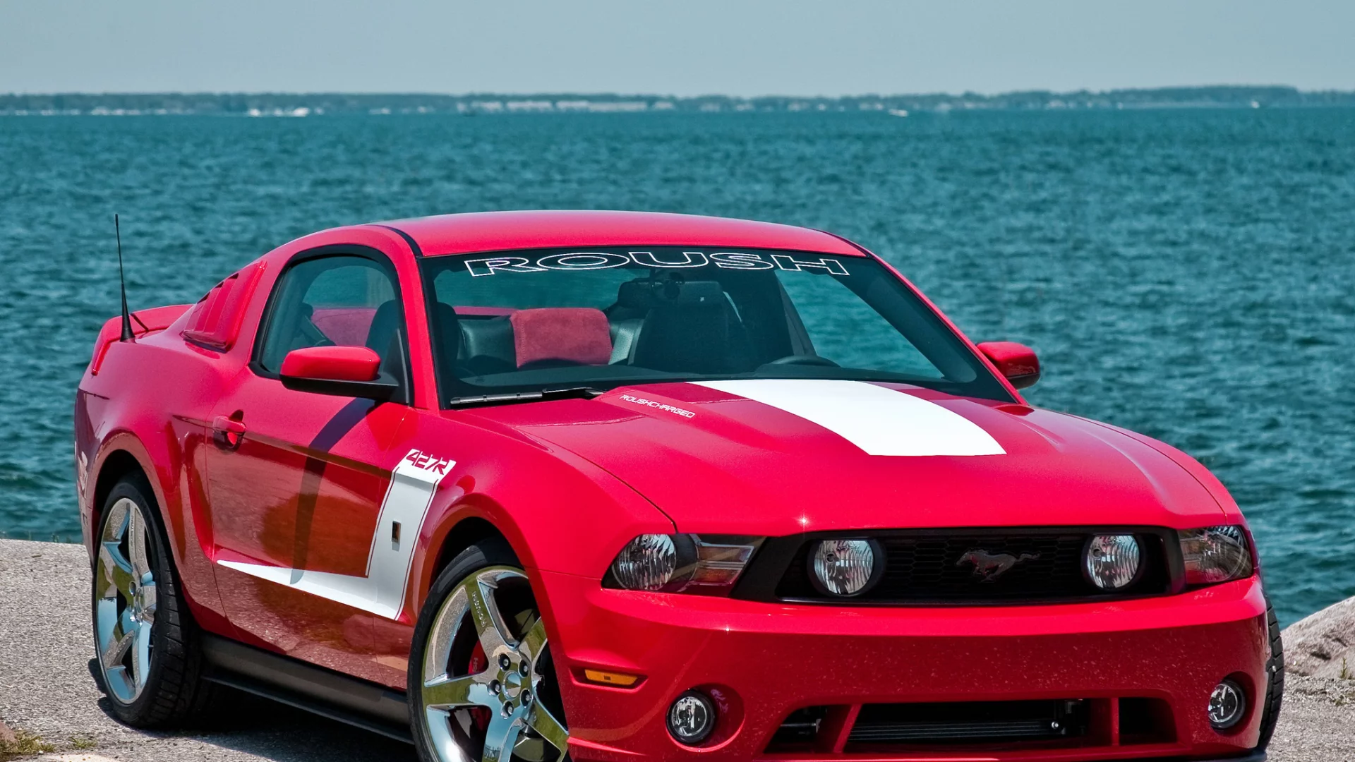 red, mustang, ford, 427r, roush, мускул кар, мустанг, muscle car, красный, море, форд