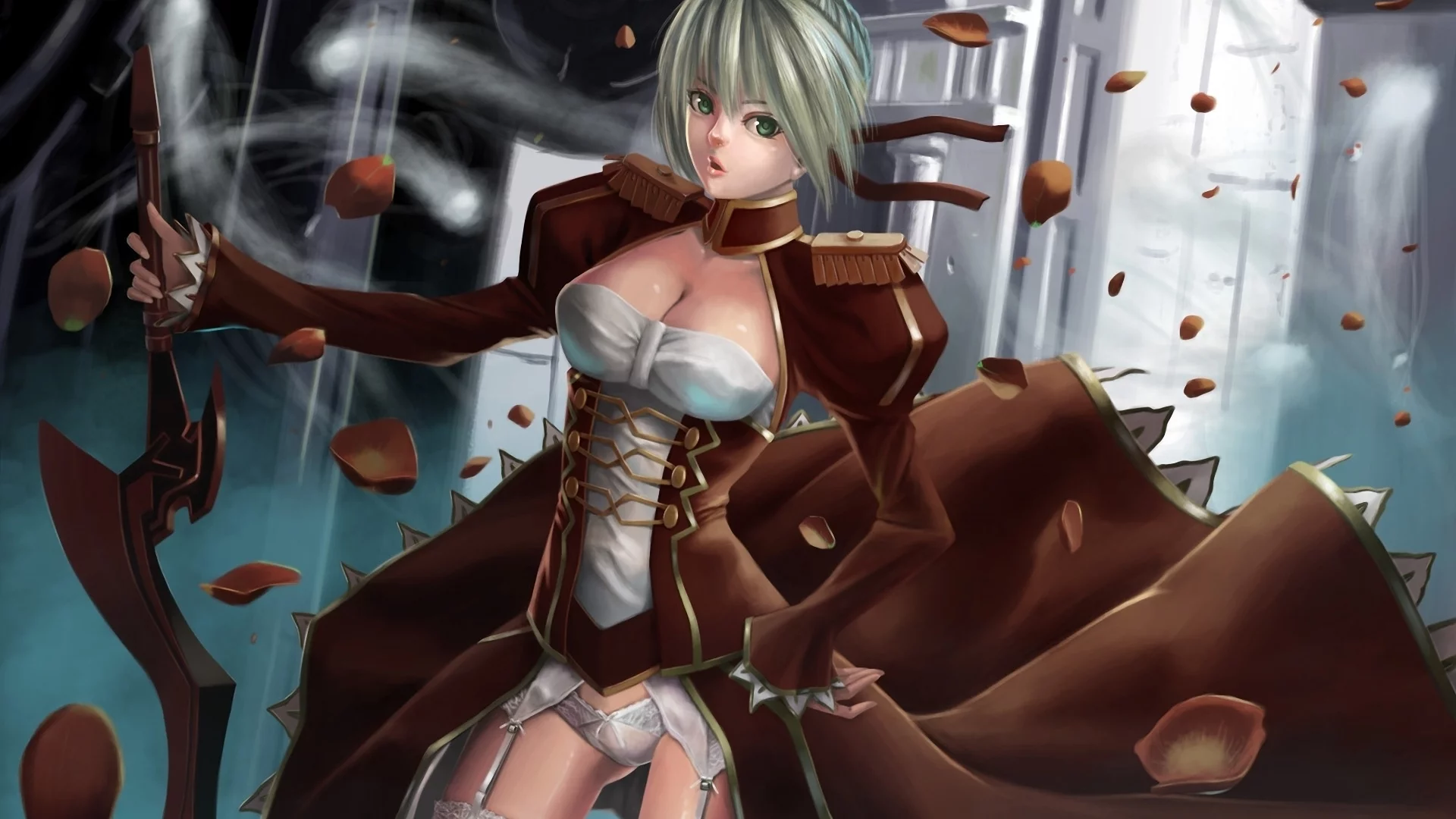 девушка, платье, оружие, меч, saber, чулки, fate stay night, лепестки, арт