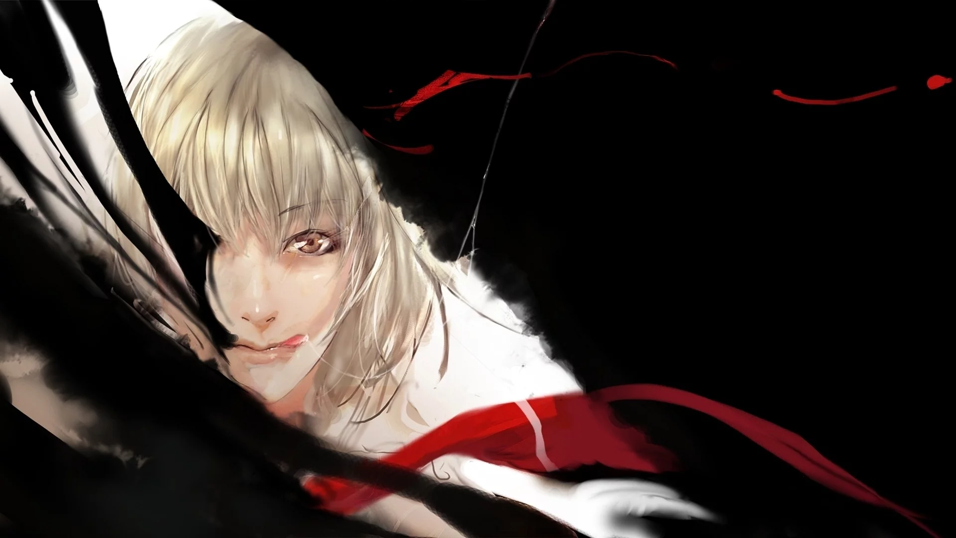 touhou, девушка, лента, rumia, рисунок, черное, язык