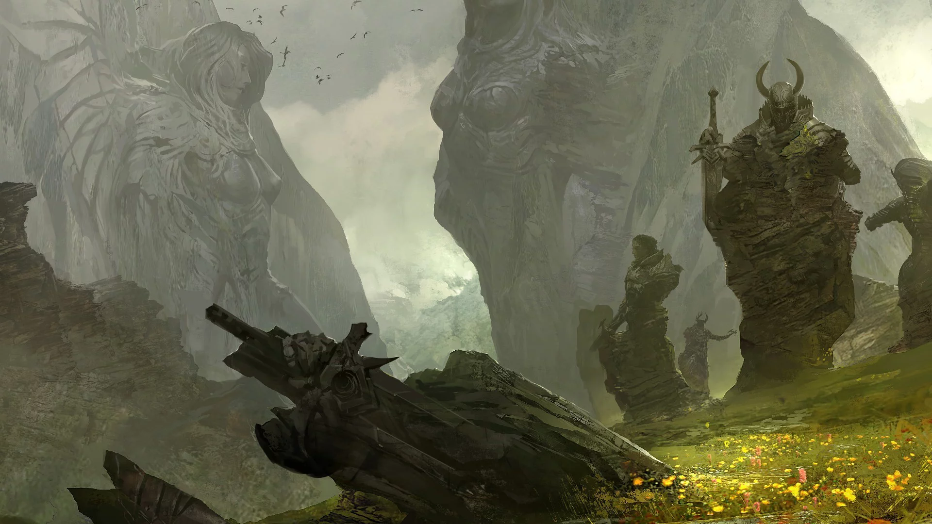 трава, воины, guild wars 2, статуи, горы