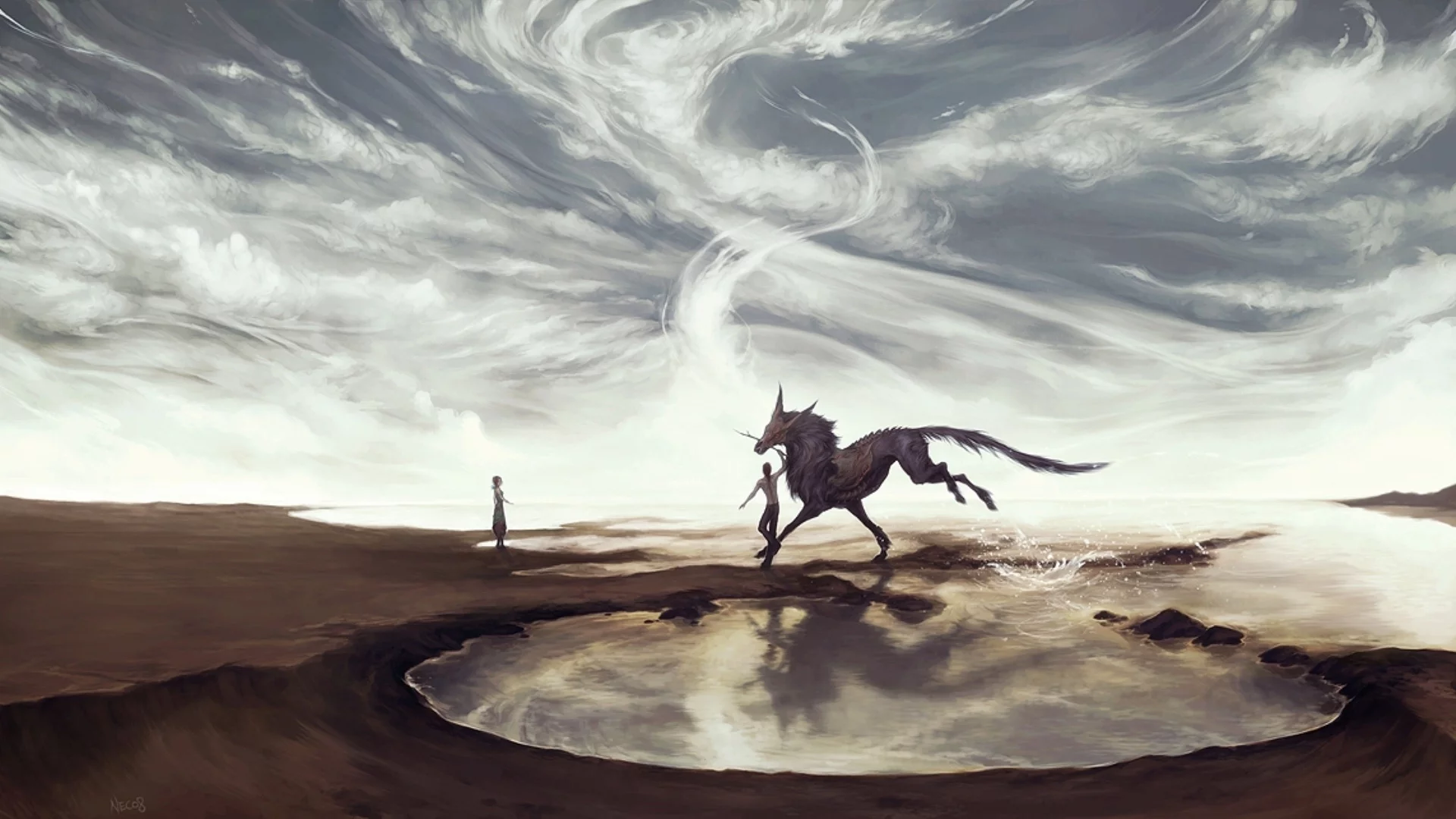 фантастика, небо, dream on distant shores, конь, вода, fantasy, арт, девушка, парень