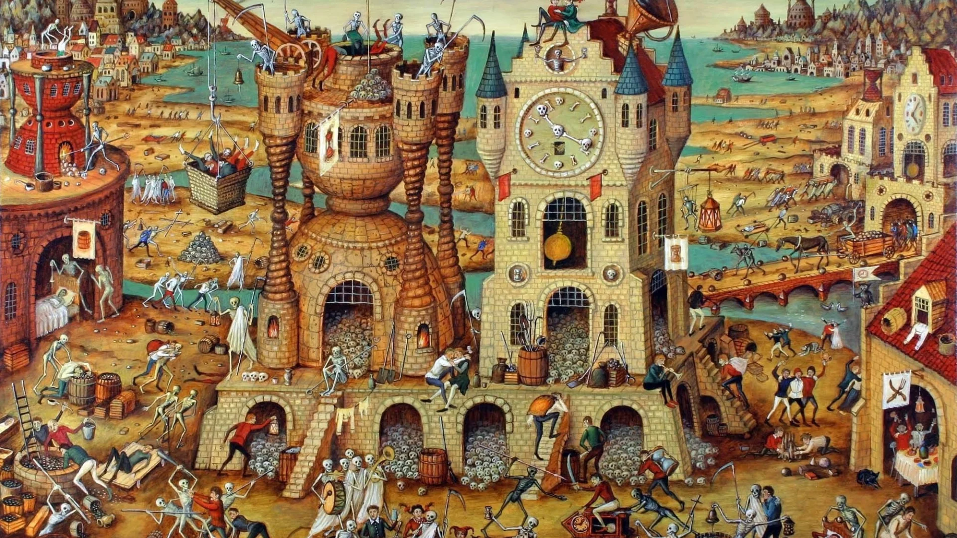 город, праздность, люди, часы, черепа