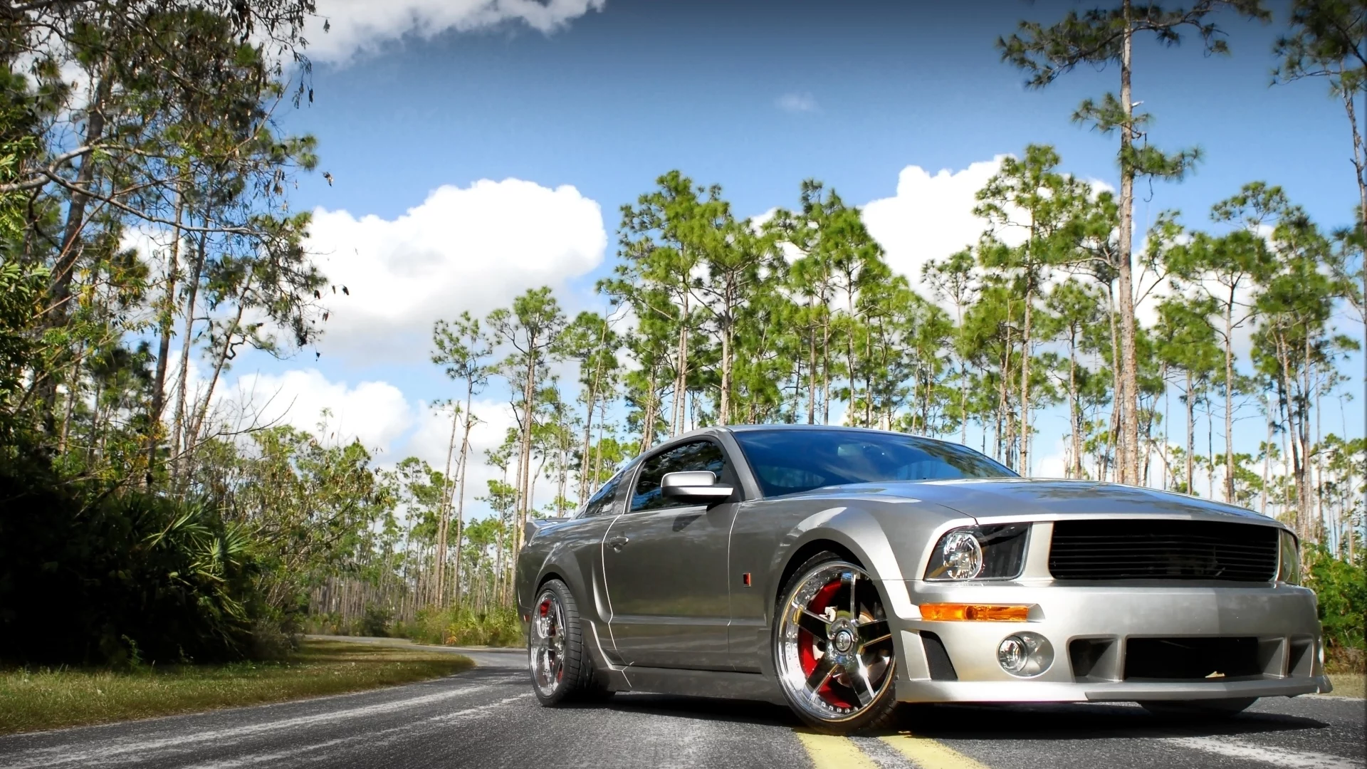 диски, небо, мустанг, серый, ford, mustang, форд, облака, деревья, дорога