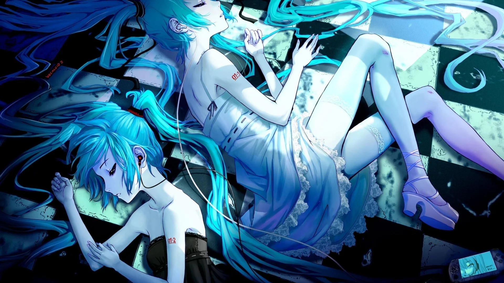 hatsune miku, наушники, вокалоид, волосы, чулки