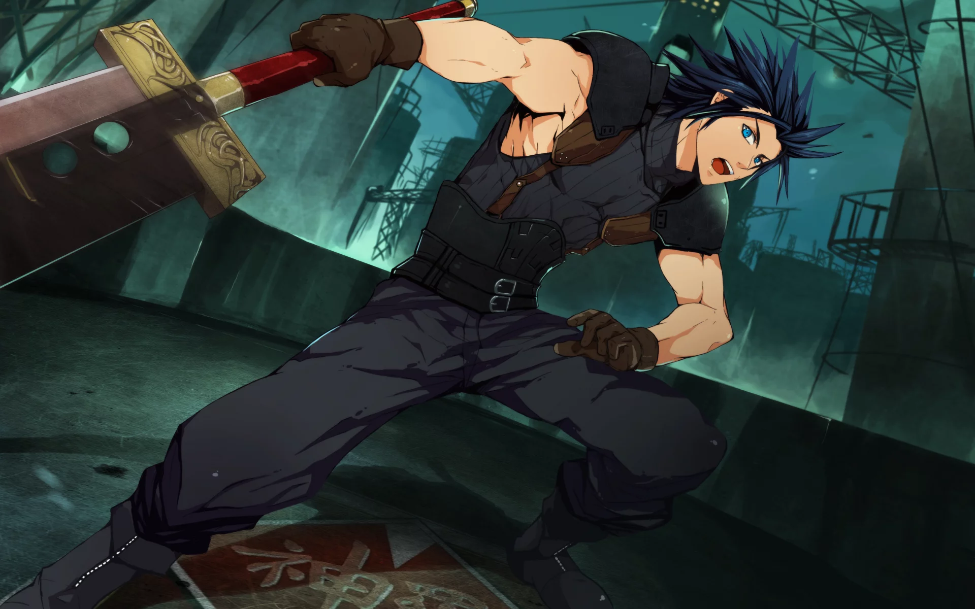 zack, здания, город, vii, final fantasy, меч, иероглифы, fair, парень, оружие, 7