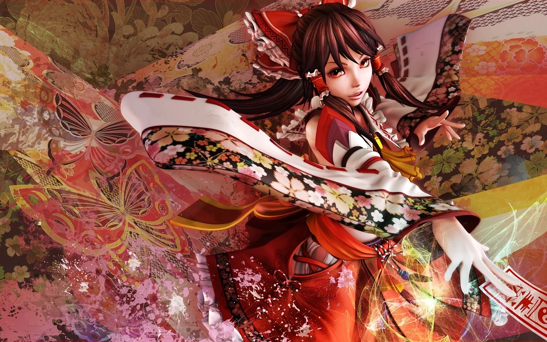 кимоно, бабочки, абстракция, девушка, карточка, бант, иероглифы, touhou