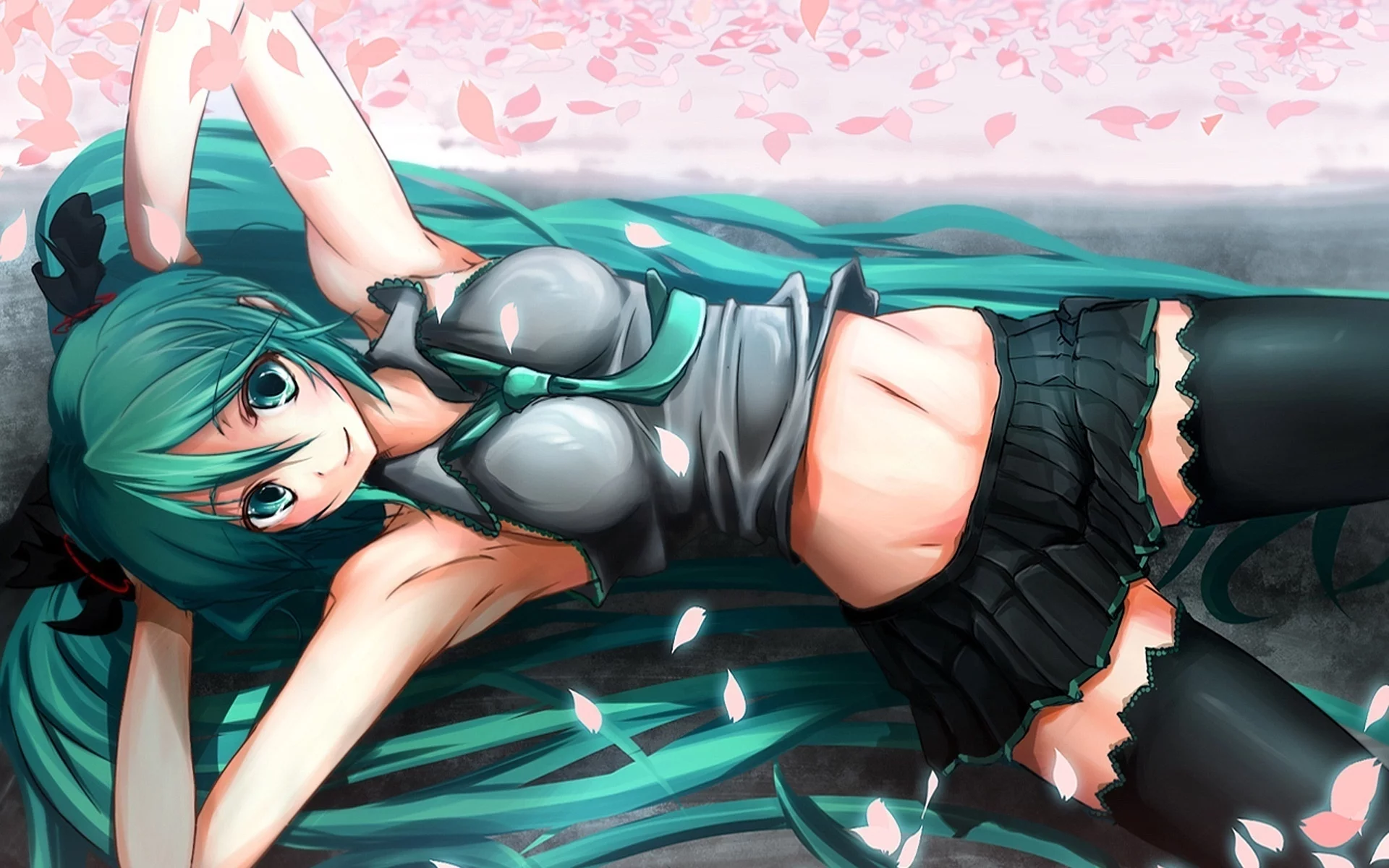 hatsune miku, лежит, девушка, вокалоид, зеленые волосы, юбка, чулки