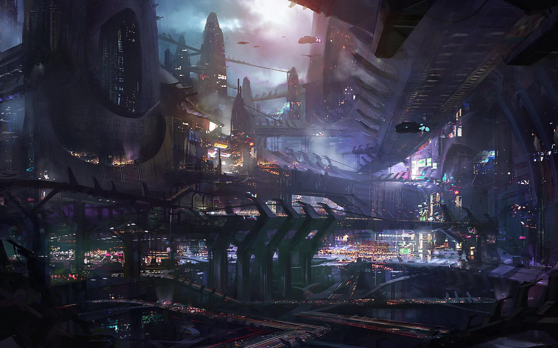 корабли, огни, concept art, транспорт, город, мегаполис, ночь, prey 2
