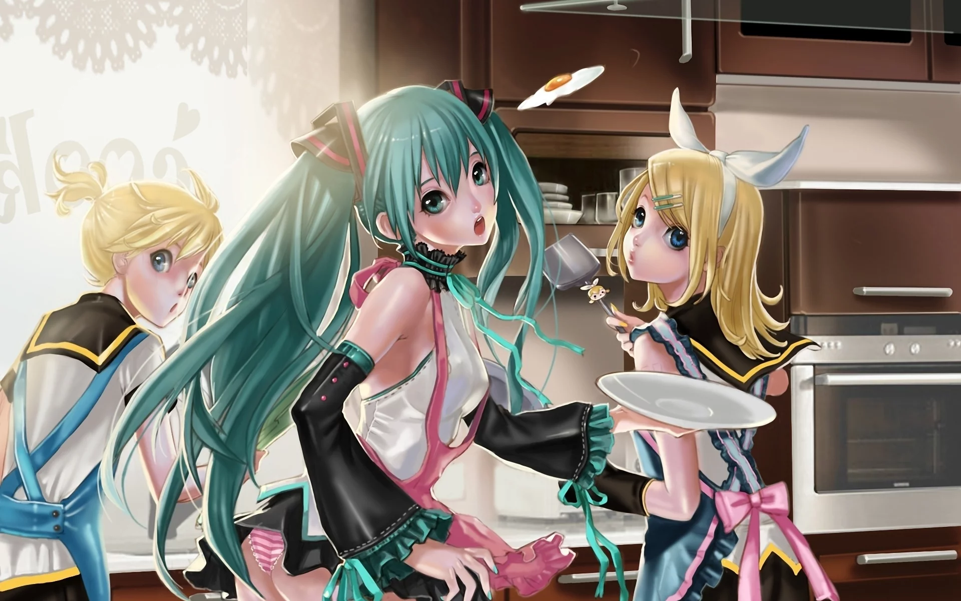 kagamine len, кухня, фартук, hatsune miku, vocaloid, готовка, kagamine rin, яичница
