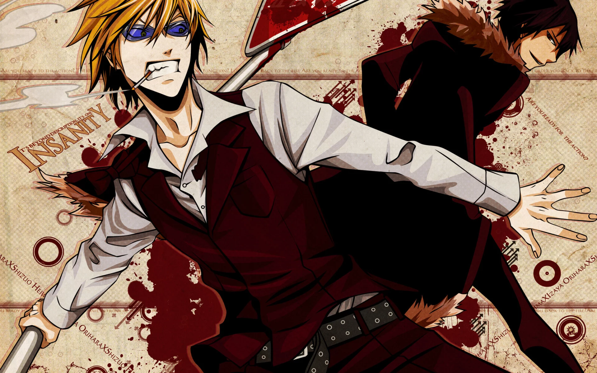 дорожный знак, ночь, сигарета, durarara, izaya orihara, очки, shizuo heiwajima
