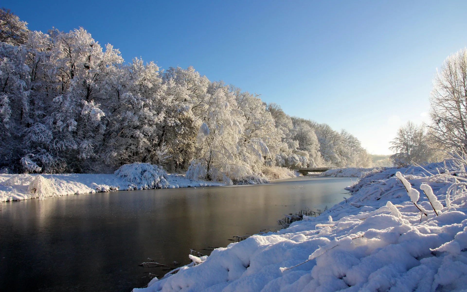 река, снег, деревья