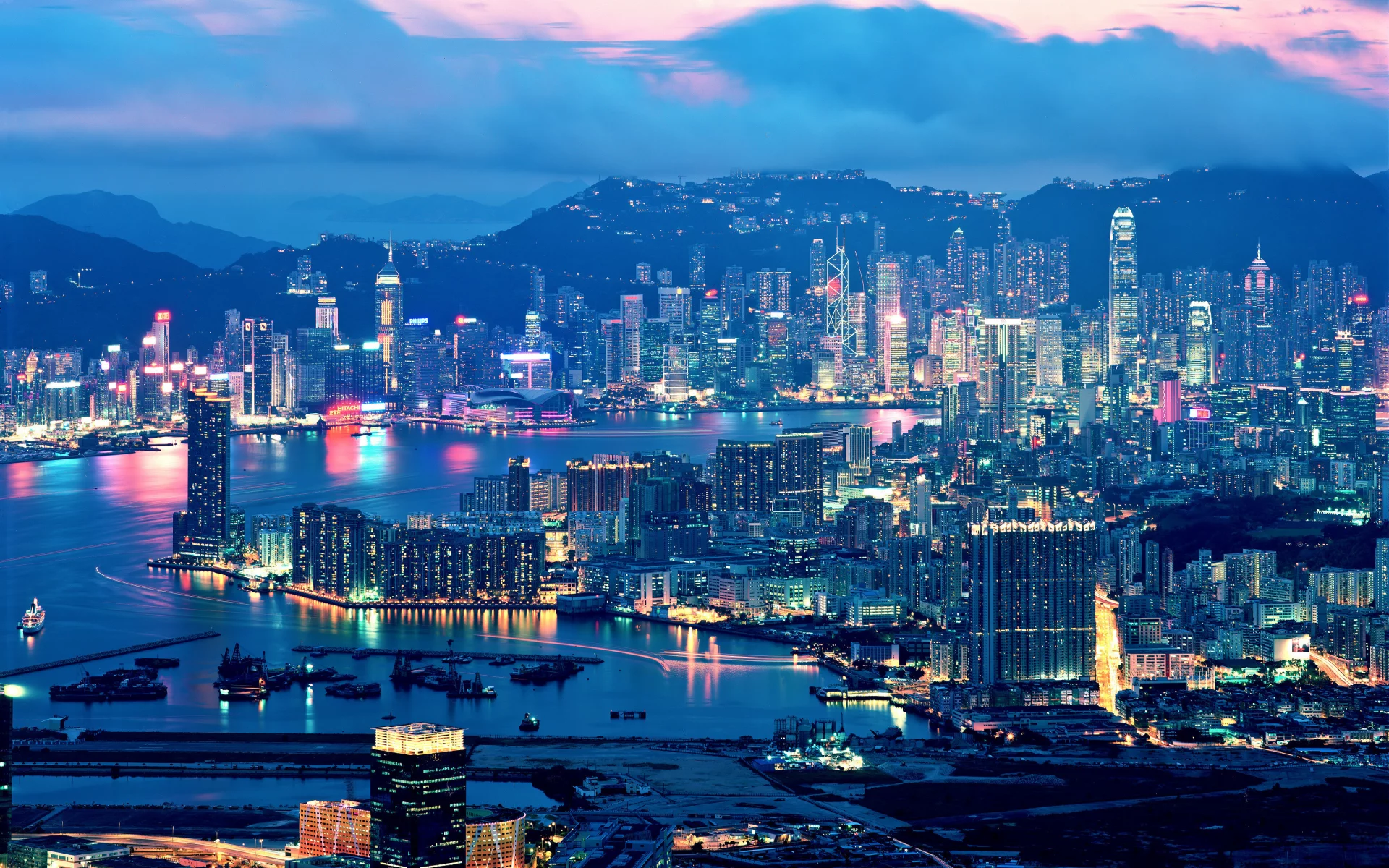 hong kong, вечер, огни