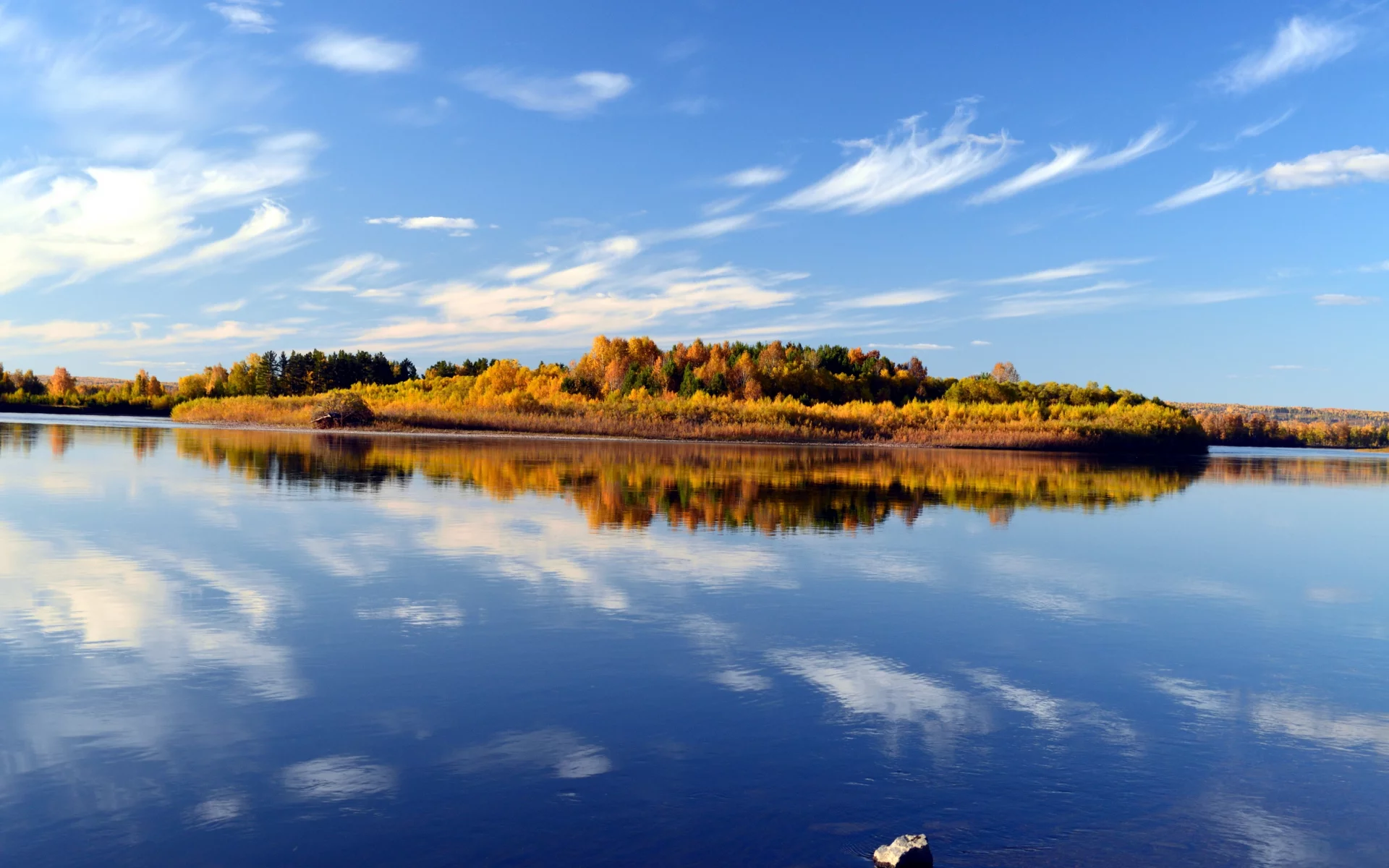 река, пейзаж, облака, отражение, вода, голубое, небо, осень
