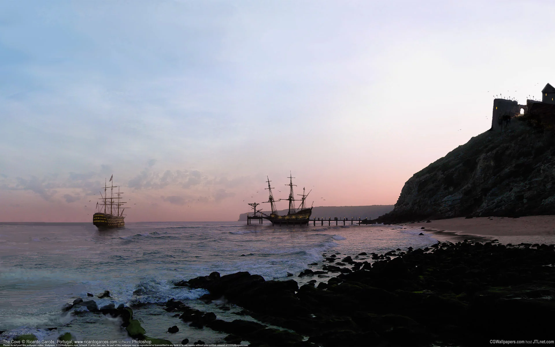 море, пирс, утро, ricardo garces, камни, корабли, скалы