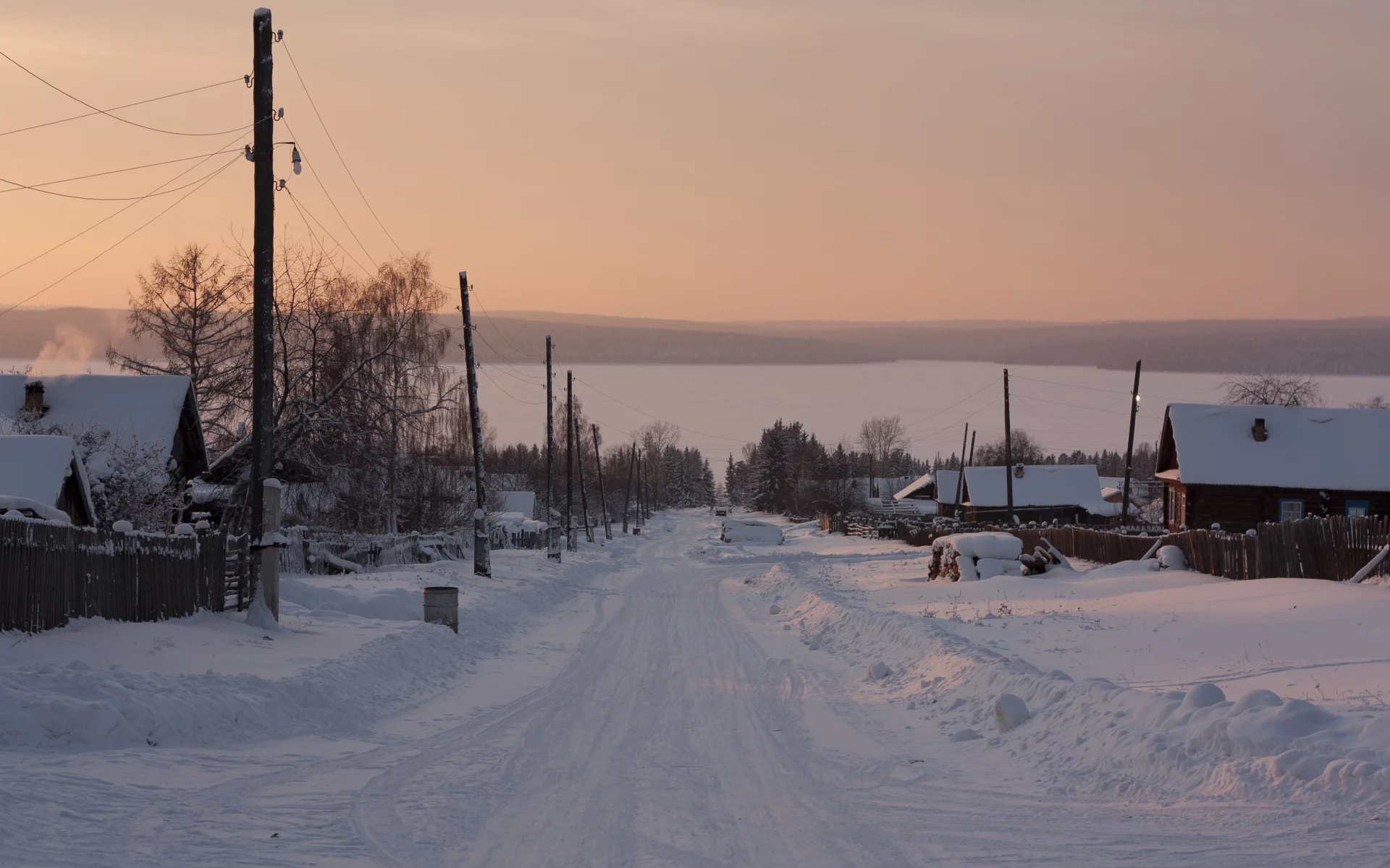 поселок, закат, зима, сибирь