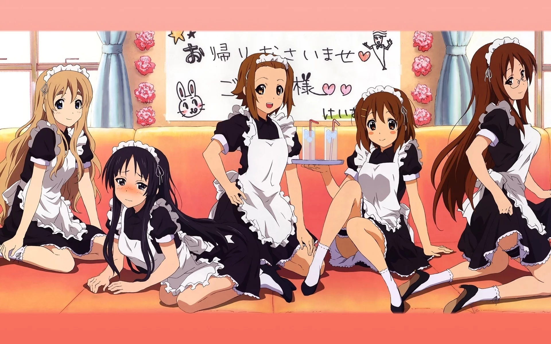 девушки, диван, k-on, горничные, напиток