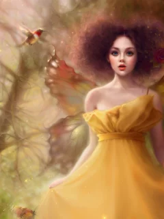 девушка, птицы, крылья, magic forest, fantasy