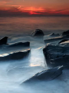 камни, море, берег, закат, небо