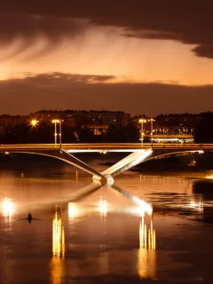река, мост, вечер, огни, город