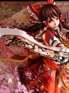 кимоно, бабочки, абстракция, девушка, карточка, бант, иероглифы, touhou