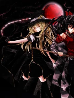 shiiku, даммаку, рэйму хакурэй, луна, мариса кирисамэ, touhou, hakurei reimu, игра, аниме, ночь, kirisame marisa