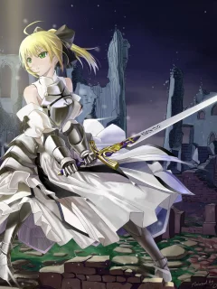 девушка, руины, ночь, арт, okingjo, fate zero, меч, saber, доспех, fate stay night