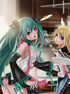 kagamine len, кухня, фартук, hatsune miku, vocaloid, готовка, kagamine rin, яичница