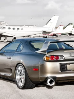 серая, тоёта, небо, supra, самолёты, супра, аэродром, toyota