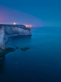 скалы, море, вечер, огни